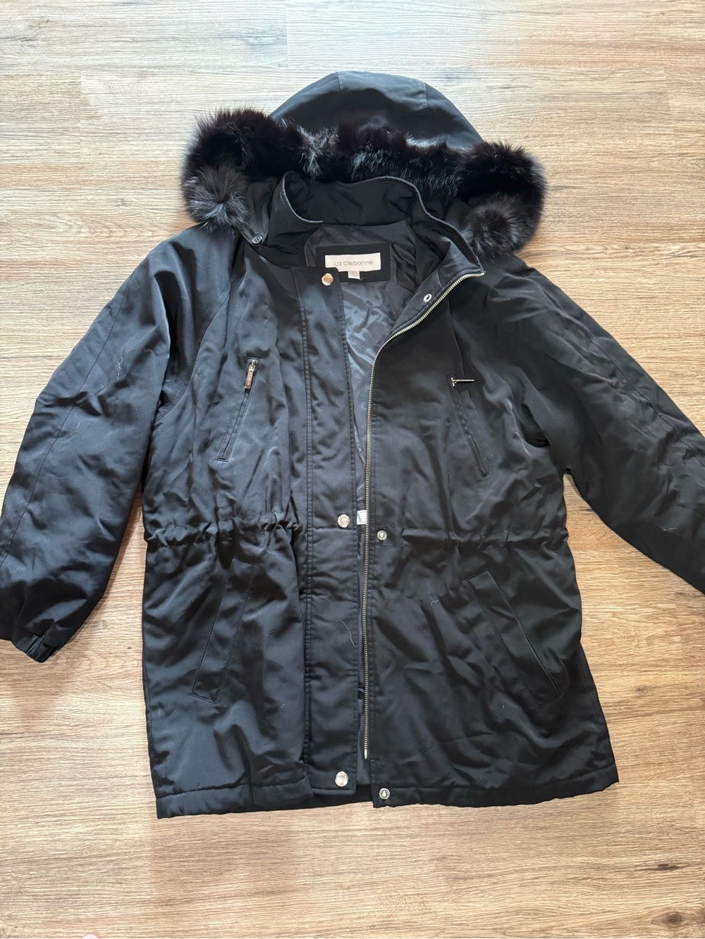 Liz Claiborne Black Women's Puffer Parka with Fur-Trim Hood